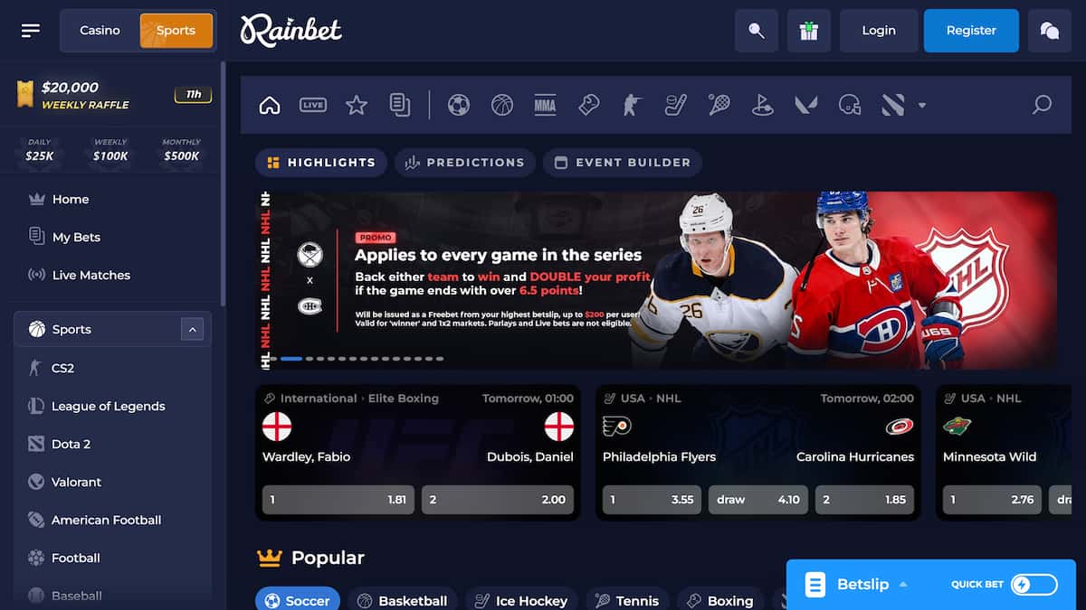 Rainbet Sportsbook Interface